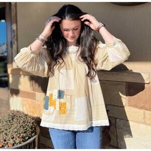 Oh My Stars Trudy Patchwork Blouse XS Mustard Yellow Square Neck Puff Sleeve